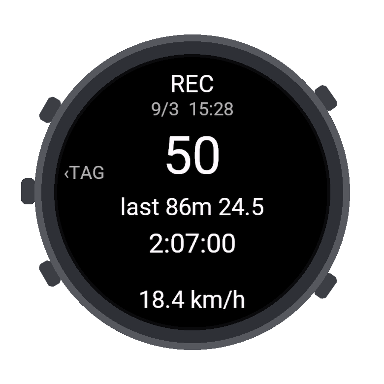 無品牌圓形運動錶示意,顯示 SurfBound Connect IQ app 記錄畫面